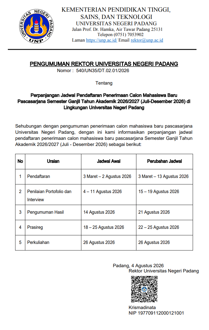 Perpanjangan Jadwal Pendaftaran Penerimaan Calon Mahasiswa Baru Pascasarjana Semester Ganjil Tahun Akademik 2026/2027