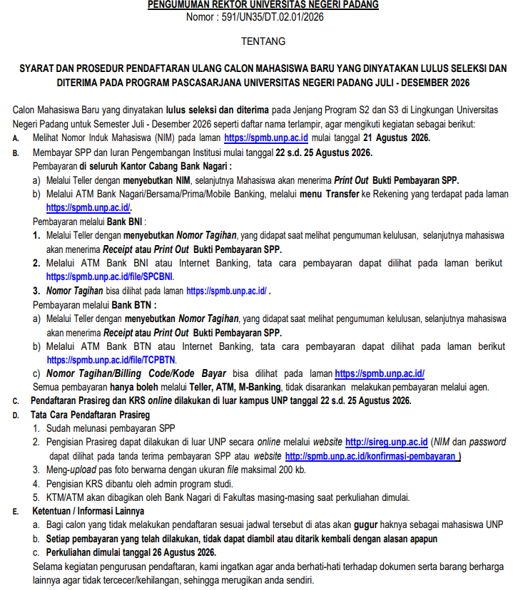 Pengumuman Pendaftaran Ulang Mahasiswa Baru Pascasarjana FEB UNP Tahun Masuk 2026/2027 dan List Nomor Rekening Pembayarannya